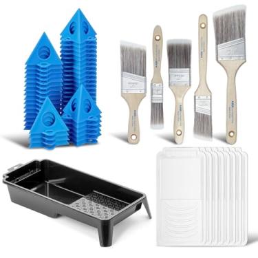 Imagem de KATA Kit de ferramentas de pintura DIY, bandeja de pintura de 10 cm, pacote com 8 forros de tinta descartáveis, pacote com 5 pincéis, 32 suportes de pirâmide de pintores para parede, móveis, pintura