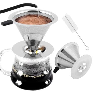 Imagem de Gotejador de café, filtro de café de malha dupla - r coador de café sem papel reutilizável para cafeteira com suporte e escova de limpeza (Cor: prata)