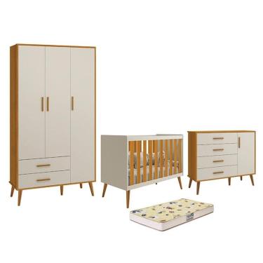 Imagem de Dormitório Infantil Isis Guarda Roupa 3 Portas, Cômoda 1 Porta e Berço Areia/Savana com Colchão D18 - Reller Móveis