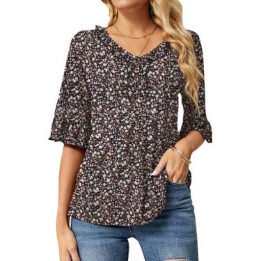 Imagem de Blusa feminina Ivicoer com decote em V 3/4 com babados e manga em form