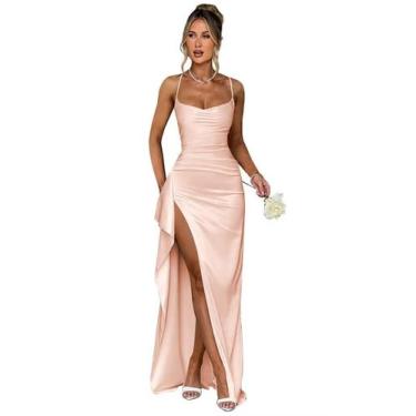 Imagem de Vestido de baile Woyiam Satin Blush com fenda na gola de sereia