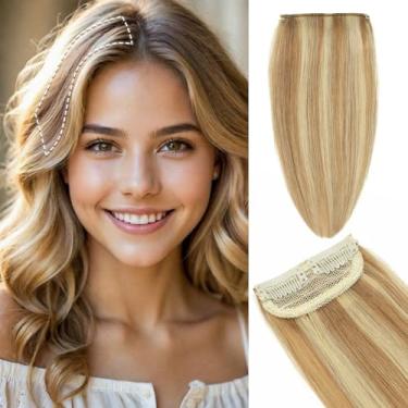 Imagem de TANJET Toppers para mulheres cabelo humano real peça única trama dupla invisível toppers para mulheres com presilhas de cabelo fino em extensões (#P12/613 marrom dourado/loiro branqueador 30,5 cm 17g