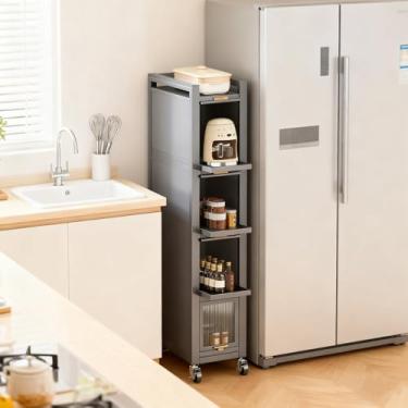 Imagem de Armário de armazenamento multicamadas independente estreita alta prateleira com design de porta de aba transparente e organizador de armário de rodas para economia de espaço pequeno e cozinha (cinza