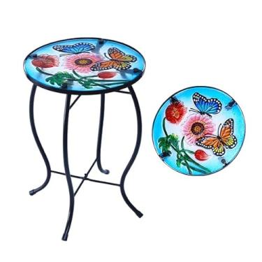 Imagem de YNGFIL Mesa lateral redonda de vidro borboleta de 33,5 cm, mesa pequena para pátio, mesa lateral externa, mesa de bar ao ar livre, mesa de canto de vidro de metal para varanda, jardim, pátio, piscina