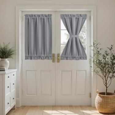 Imagem de HOMEIDEAS Cortina de porta francesa blackout, cortinas de janela pequenas de privacidade, persianas com isolamento térmico com amarração para frente, luz lateral, porta de vidro, cinza claro, 66 cm L