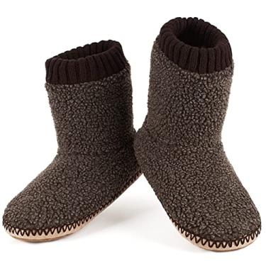 Imagem de Botas masculinas aquecidas para casa, meias de lã de ovelha felpuda grossa mocassim de inverno, solas antiderrapantes, confortáveis e confortáveis para uso interno, Lã marrom, 12-13