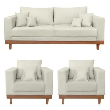 Imagem de Kit 2 Poltronas Living + Sofá 3 Lugares Base Madeira Suede Bege