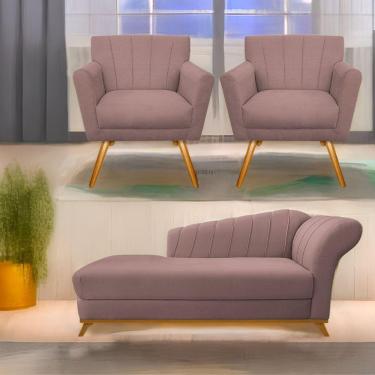 Imagem de Kit Diva Recamier Vanessa 140Cm Lado Esquerdo E 02 Poltronas Laura Linho Cor Rosê