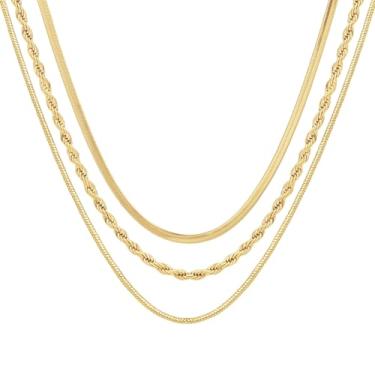 Imagem de Pancert Colar em camadas para mulheres, colar de espinha de peixe banhado a ouro 14K, gargantilha, multicamadas, clipe de papel, Cuba, Fígaro, conjunto de acessórios de corrente, joia não manchada