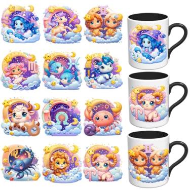 Imagem de Elewins Adesivos UV DTF - 12 folhas de desenho animado Zodíaco UV DTF Cup Wrap para canecas de vidro café, decalques DIY para copos, esfregar à prova d'água em transferências para artesanato