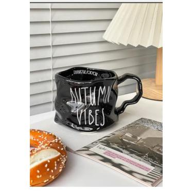 Imagem de mingpei Xícara de café de chá irregular de arte abstrata, canecas de café de 290 ml para latte, cappuccino, americano, preto brilhante