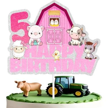Imagem de Pink Farm Topo de bolo de 5º aniversário decoração de animais de fazenda rosa tema festa cinco anos de idade para chá de bebê crianças meninas meninos feliz aniversário decorações suprimentos