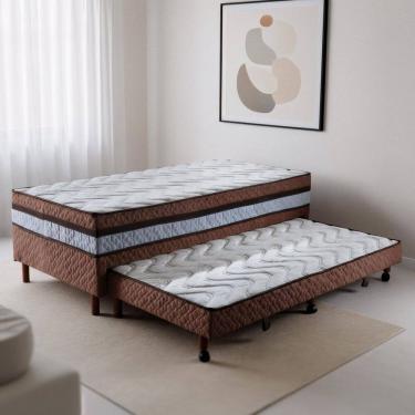 Imagem de Cama Box Conjugada Solteiro com Cama Auxiliar Pés em Madeira Maciça Dream Rústico Cerejeira/Bege