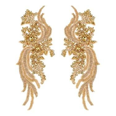 Imagem de letsinstyle Aplique de renda de strass dourado, apliques florais de costura brilhante, aplique de costura dourada feito à mão para vestidos de noiva, roupas, artesanato faça você mesmo