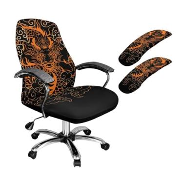 Imagem de Batyqompu Capa para cadeira de computador preta com estampa de dragão com capa de apoio de braço, lavável e elástica, conjunto de 3 peças, protetor de cadeira de chefe durável, G