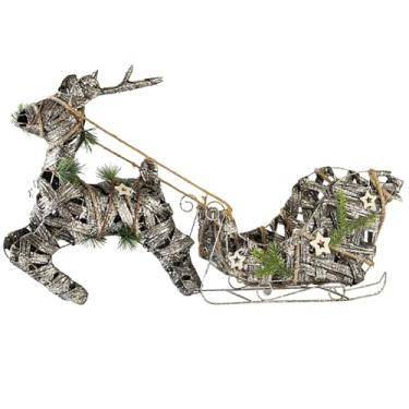 Imagem de Conjunto de decoração de trenó de rena de Natal com luzes, conjunto de decoração de rena e trenó, grande rena de metal de vime com luzes LED, exibição rústica interna e externa de férias