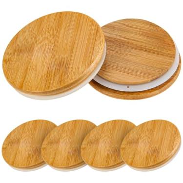 Imagem de Conjunto de 6 tampas de pote de vidro de boca larga, capas de madeira de 8 cm com vedação de silicone para armazenamento hermético, compatível com potes de 64/32/16/8/118 g, chá, café