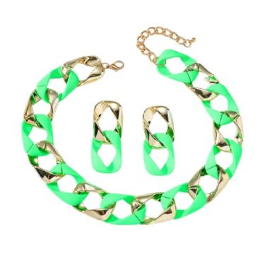 Imagem de Conjunto de brincos de colar de corrente grossa colorido punk grosso grosso cubano gargantilha colar acrílico moderno pingente brinco conjunto de joias para mulheres, Metal, Sem Pedra Preciosa