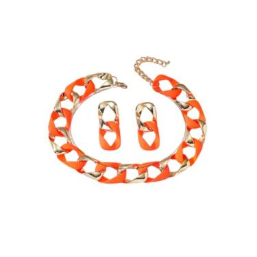 Imagem de Conjunto de brincos de colar de corrente grossa colorido punk grosso grosso cubano gargantilha colar acrílico moderno pingente brinco conjunto de joias para mulheres, Metal, Sem Pedra Preciosa