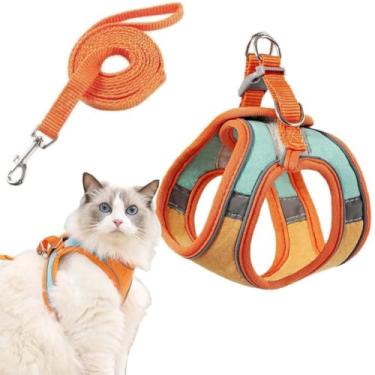 Imagem de Coleira Peitoral Com Guia para Gatos Colete Refletivo Respirável Regulável Confortável Pet Cães Cachorros Pequenos (Laranja, L)