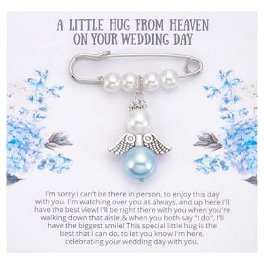 Imagem de PLIGREAT Algo presente azul para noiva, buquê de noiva azul, pingente de asas de anjo, alfinete de buquê memorial para noiva, casamento, presente de chá de noiva da mãe e irmã