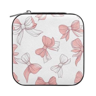 Imagem de SEHANY Caixa de joias personalizada com laço rosa para mulheres, meninas, mini estojo de joias de couro PU, organizador de joias de viagem, caixa de joias para brincos, anéis, colares, presentes para