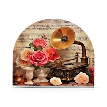 Imagem de Wassud Porta-guardanapos de acrílico vintage para gramofone e rosas, dispensador de guardanapos de papel moderno em forma de U para mesa, cozinha, sala de jantar, bancada 1 peça (comporta 50-60