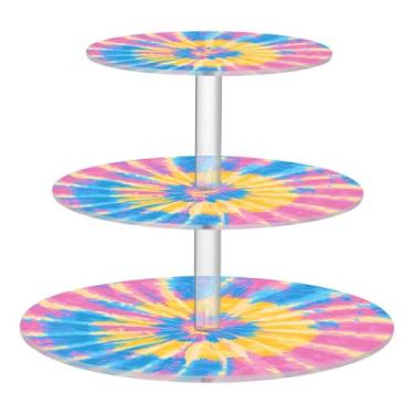 Imagem de CEBUGI Suporte de cupcake de 3 camadas, arco-íris, tie-dye redondo, suporte de bolo, bandeja de servir em camadas de acrílico para chá, chá de bebê, casamento e mais