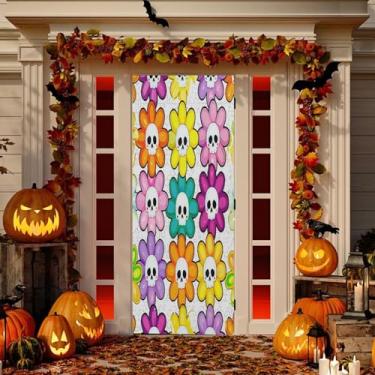 Imagem de Wassud Flores coloridas com decoração de porta de caveira banner interno externo decoração de casa de varanda grande decoração de porta da frente 96 x 98 polegadas