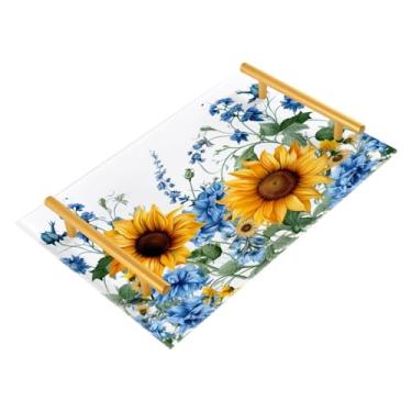 Imagem de Wassud Bandeja de banheiro com alças de girassóis e bluebells (3) organizador de perfume de joias de acrílico para balcão de cozinha de banheiro 30 x 20 cm