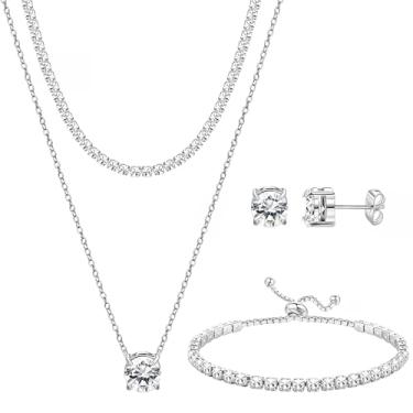 Imagem de NEWITIN Conjunto de 5 peças de joias de prata para mulheres, bijuterias, bijuterias, strass, cristal, colar, pulseira de tênis, brincos, conjunto de joias de diamante para mulheres