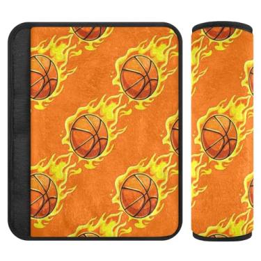Imagem de Burbuja Bolas de basquete de desenho animado com chamas almofadas de capa de cinto de segurança de carro macio confortável protetor de cinto de segurança para alça de ombro de assento, 1 par pequeno