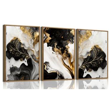 Imagem de KISSFOX Arte de parede emoldurada de 3 peças, decoração de parede abstrata, imagens em ouro preto, árvore da vida, arte em tela, arte moderna minimalista, pinturas para sala de estar, quarto