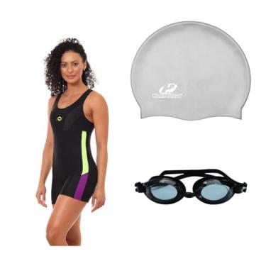 Imagem de Kit Natação Macaquinho Óculus Proteção UV e Touca Silicone Grande (Preto/Amarelo/Roxo Óculos Preto, G)