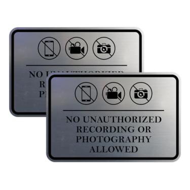 Imagem de Moldura clássica sem gravação não autorizada ou fotografia permitida placa de porta ou parede Material durável | Fácil instalação (prata escovada) - Grande (pacote com 2)