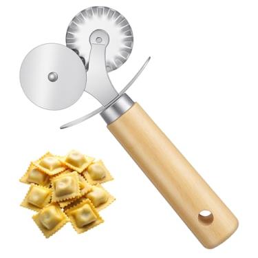 Imagem de Sibba Rolo de cortador de massa dupla canelado, cortador de massa de ravióli, cortador de amassado, roda de crimpagem com cabo de madeira para bolinhos de massa de renda, macarrão, pizza, biscoito