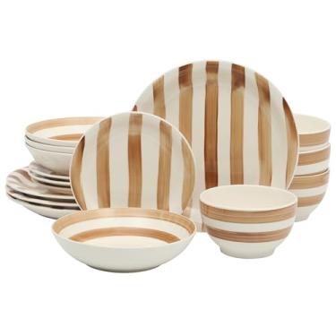 Imagem de Gibson Home Kenwood Shores Conjunto de louça de 16 peças, listras marrons, grés, pratos e tigelas pintados à mão, serviço para 4, pode ir ao micro-ondas e à máquina de lavar louça