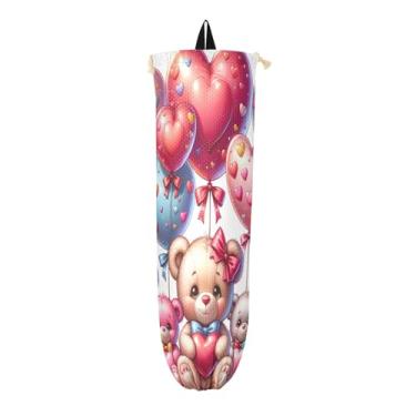 Imagem de Ursinho de pelúcia fofo segurando balões de amor, suporte de saco de plástico com gancho, organizador de sacolas plásticas de cozinha