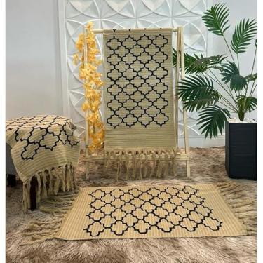 Imagem de Kit Passadeira de Cozinha 3 Peças Geométrica – Jogo de Tapetes em Tecido Grosso Algodão para Cozinha Sala e Quarto (Areia c/colmeia Preta)