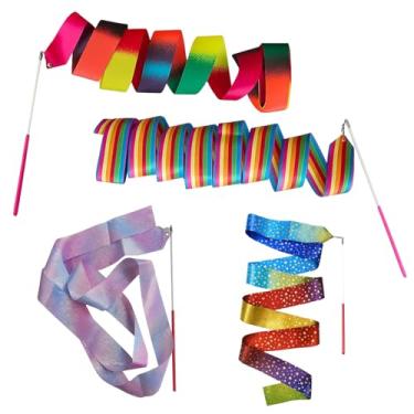 Imagem de ZHLKHIOP Bastão, bastões giratórios para girar, 4 fitas coloridas de ginástica com estrelas gradientes duplas e novo design de chama, material de poliéster durável