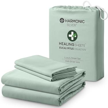 Imagem de HARMONIC SILVER Coleção Eucalyptus Lençol King Size Dividido com Íons de Prata | 100% Tencel | Ultra Macio | Refrigerante para Dormir Quente | Bolso profundo de 45,7 cm [Vidro Marinho]