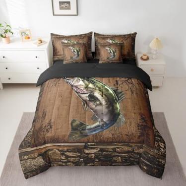 Imagem de Feelyou Jogo de cama casal de 7 peças, para meninas, meninos, crianças, para caçar peixes, campo, rústico, campo, vida marinha, edredom com edredom, lençóis, fronhas