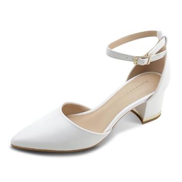 Imagem de UMECOOL Sapato feminino bico fino, salto baixo grosso, salto confortável para mulheres, salto grosso com tira no tornozelo, sapatos para festa de casamento e escritório, Poliuretano branco, 37
