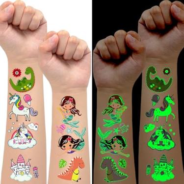 Imagem de 245 estilos de tatuagens temporárias brilhantes, com tatuagens de dinossauro de sereia para lembrancinhas de artigos de festa de aniversário, presentes adesivos de tatuagem fofos (15 folhas)