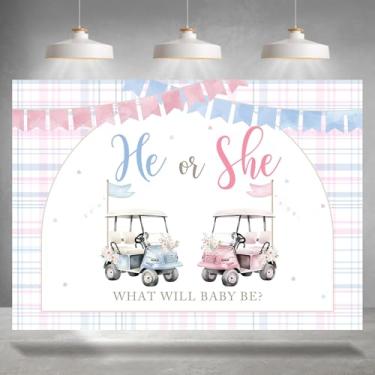 Imagem de Rsuuinu 2,1 x 1,5 m fundo de golfe revelador de gênero ele ou ela fundo rosa azul para fotografia meninos ou meninas decorações de festa de chá de bebê faixa favores de cabine de fotos adereços de