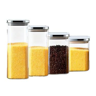 Imagem de Conjunto 4 Potes De Vidro Life Herméticos Quadrados Com Tampa Inox E Anel De Silicone Para Organização E Armazenamento De Mantimentos Na Cozinha Em 4 Tamanhos Versáteis (600ml, 1300ml, 1700ml, 2200ml)