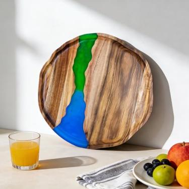 Imagem de Bandeja de servir redonda de madeira de acácia feita à mão, bandeja decorativa com arte de ondas do oceano de resina, bandeja premium para alimentos, cozinha, mesa de café, decoração de casa