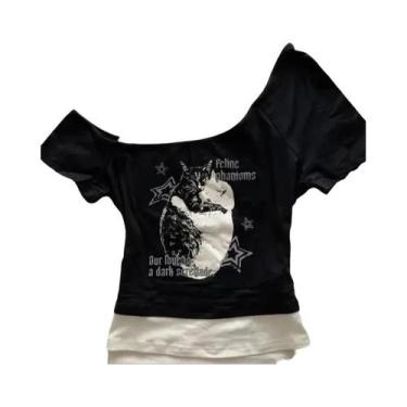 Imagem de Camiseta Gótica Estilo Y2K Com Mangas Curtas E Calças Harajuku Moda Fe