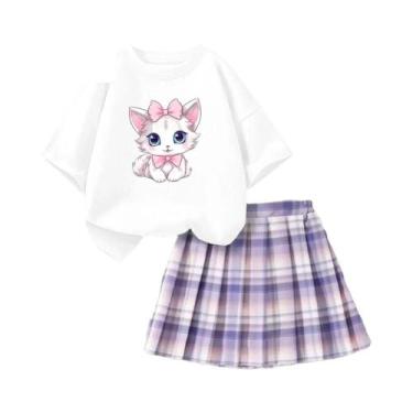 Imagem de Conjunto De Verão Para Meninas: Camiseta Rosa Com Laço E Saia Xadrez, 