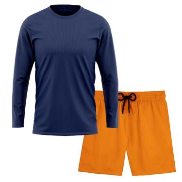 Imagem de Kit Short Praia Academia Passeio Treino Laranja + Manga Longa Masculina Segunda Pele Dry-Masculino